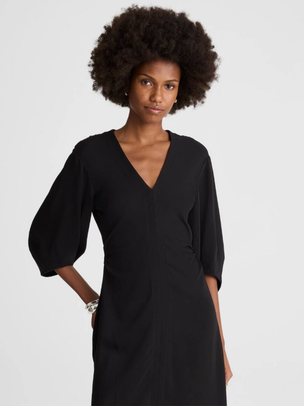 Madewell Black V-Neck Ruched Midi Dress In Size 4 NWT